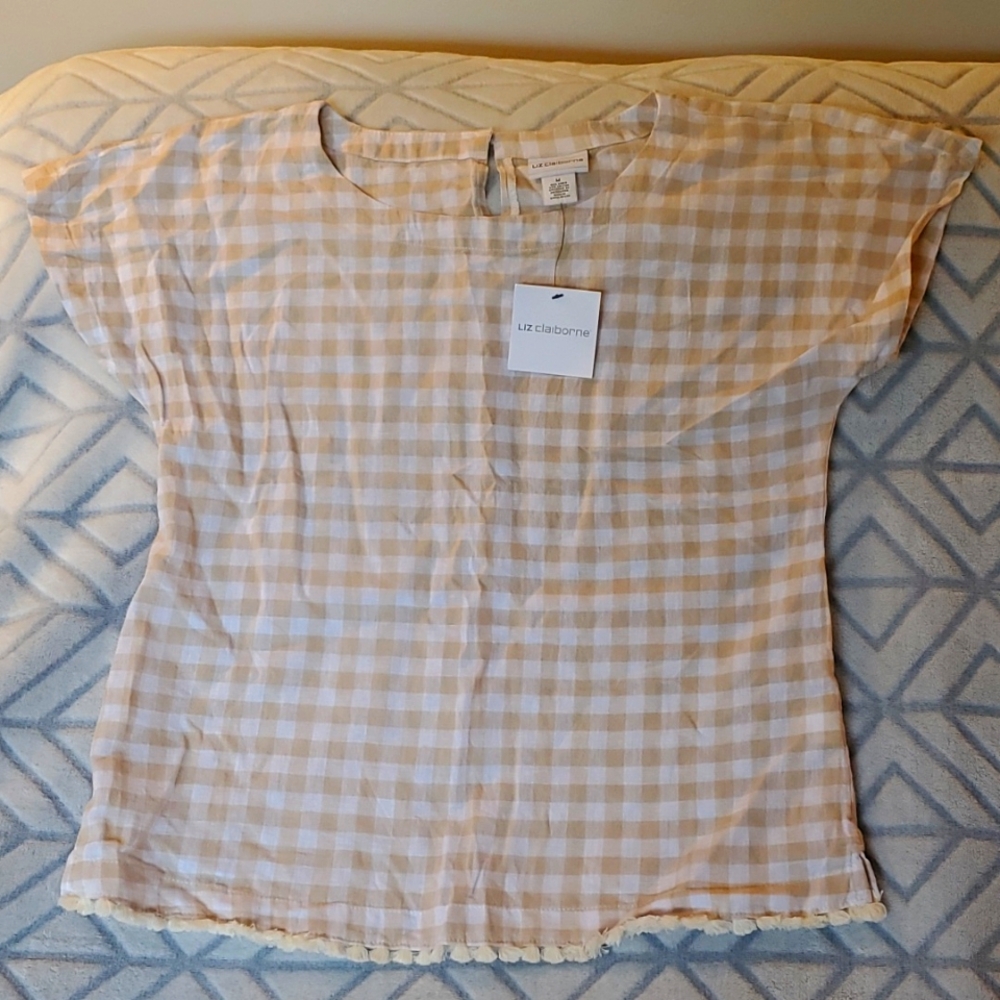 Liz Clairborne blouse top, Flax Chec, linen, brown/ white